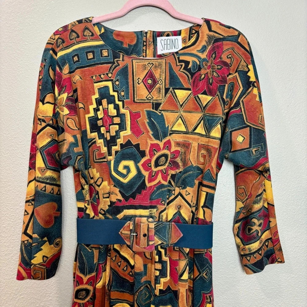 Sabino Vintage 80s‎ Midi Dress Abstract Print Belted Long Sleeve Size 6 Bohemian - Picture 2 of 16